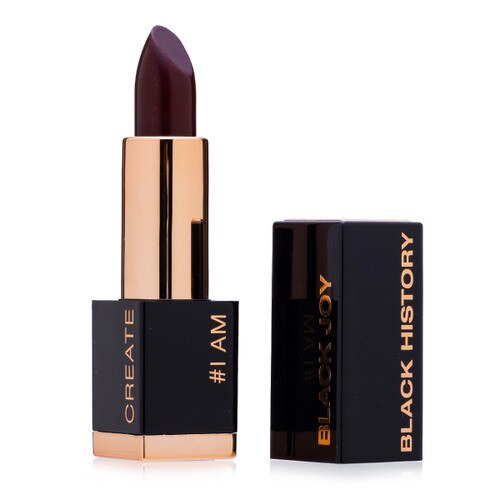 An image of the Black History Month special edition lipstick in Black Cherry with a tube with special messages celebrating black history, legacy, excellence and joy